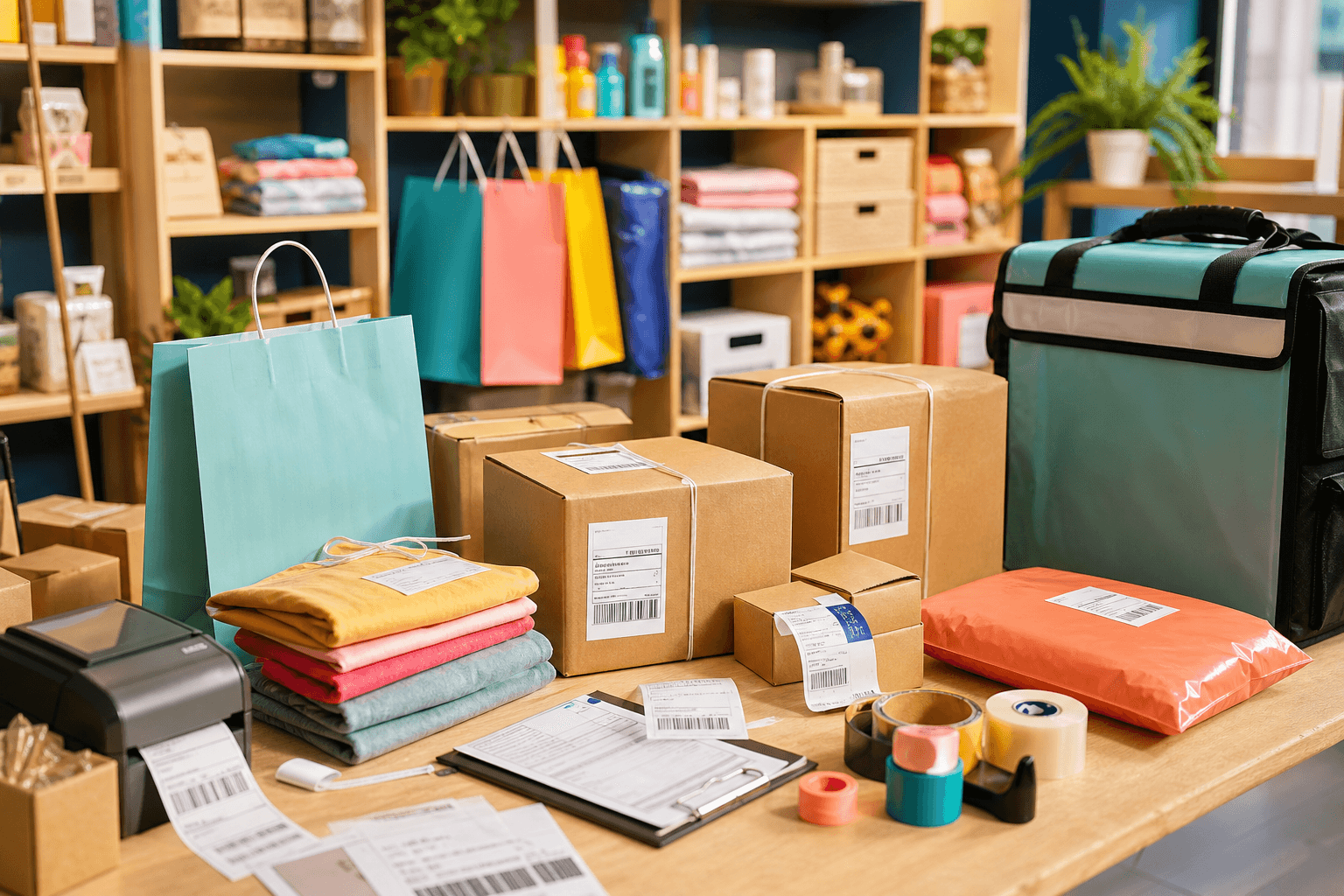 Colorful order fulfilment and delivery packing table